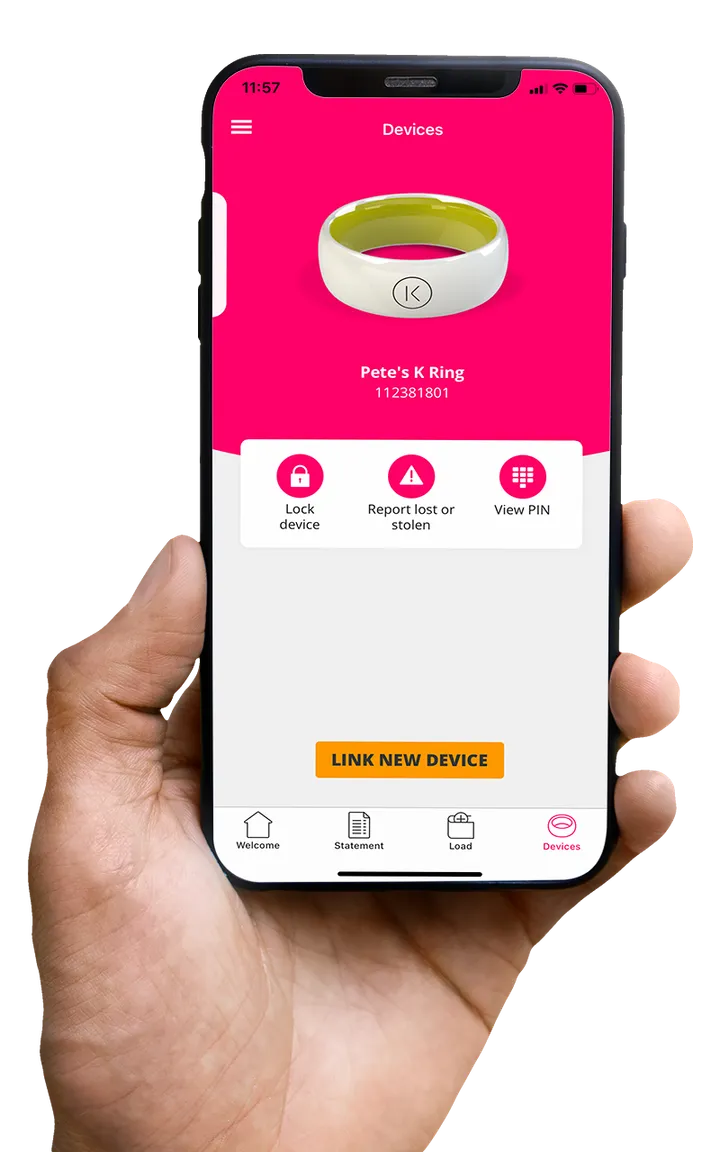 Hand holding an iPhone with mykring app in use